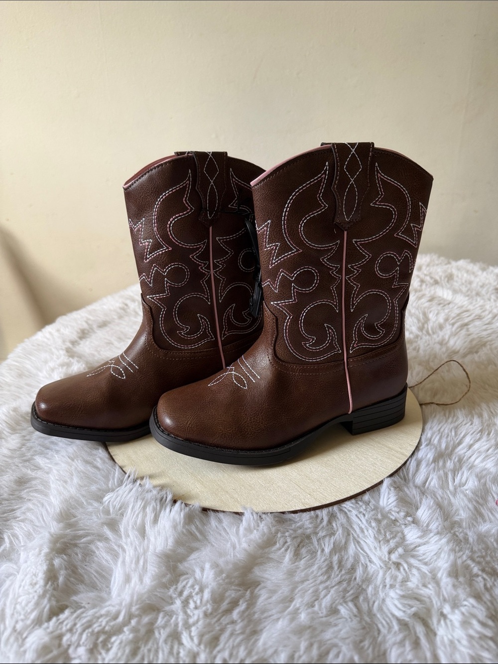 wonder nation Brown Kids Western Cowboy Boots with White Stitching